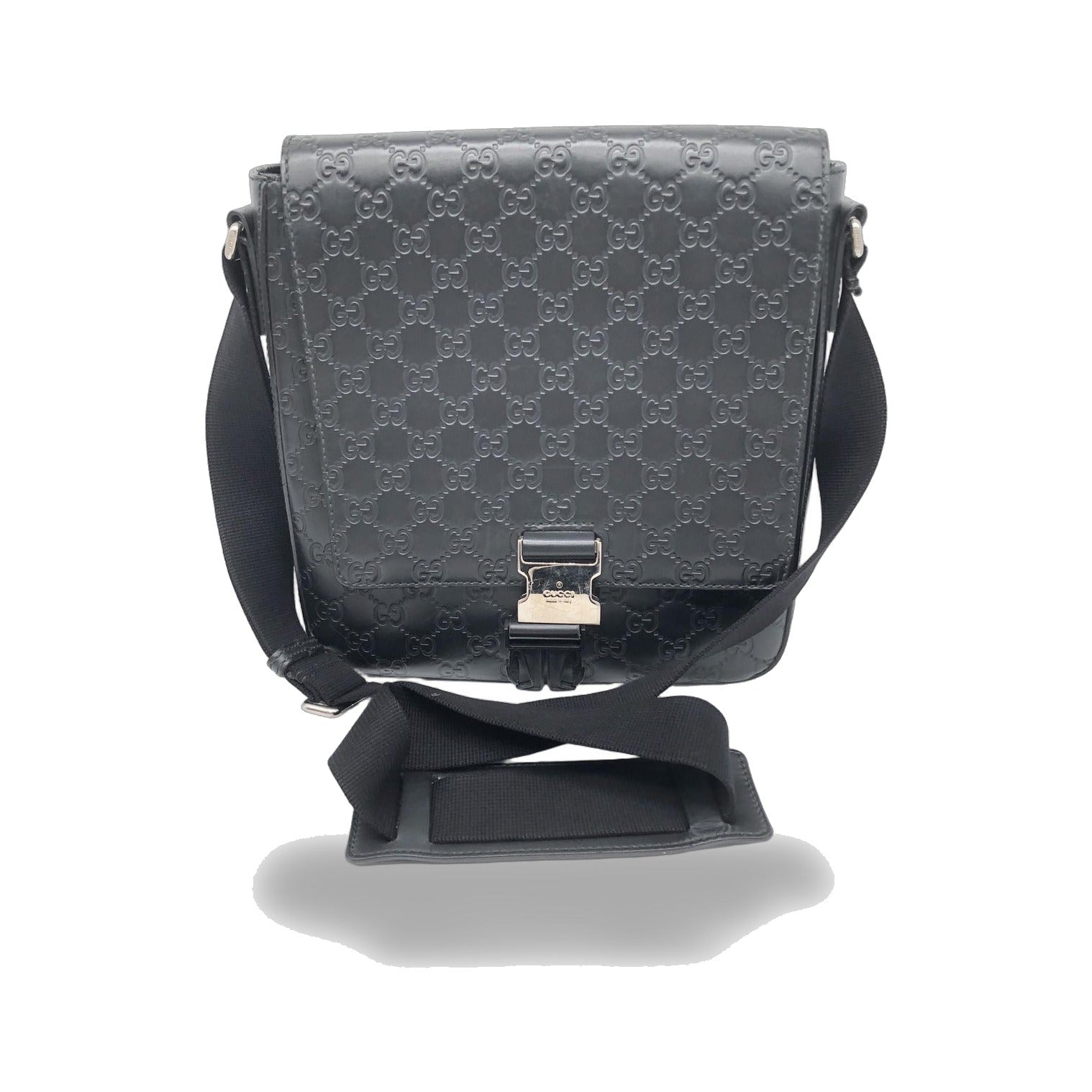Gucci Buckle Flap Messenger Guccissima Leather, Black, Leather, Shoulder Bag