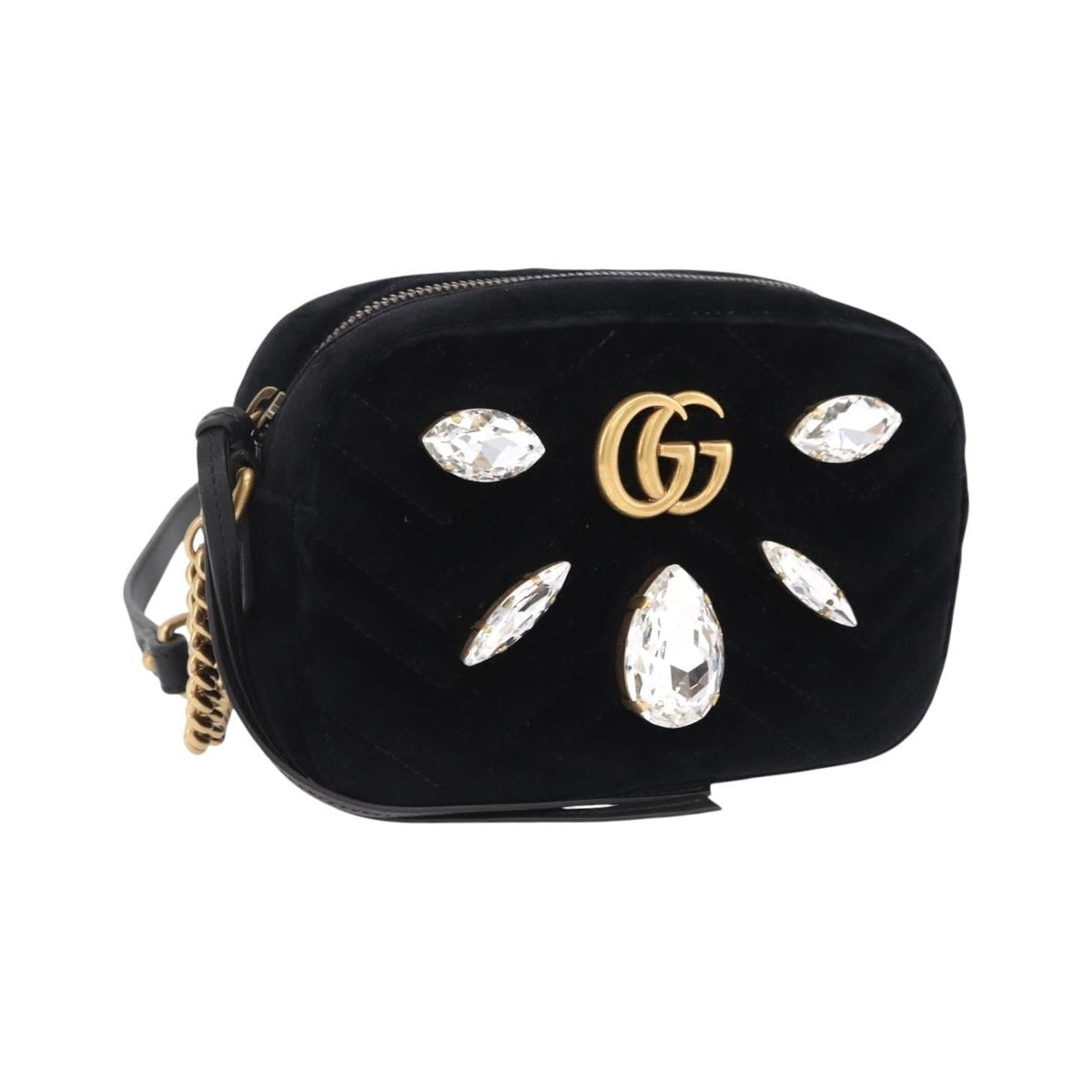 Gucci GG Marmont Crystal Embellished Matelasse Velvet, Black, Velvet, Shoulder Bag