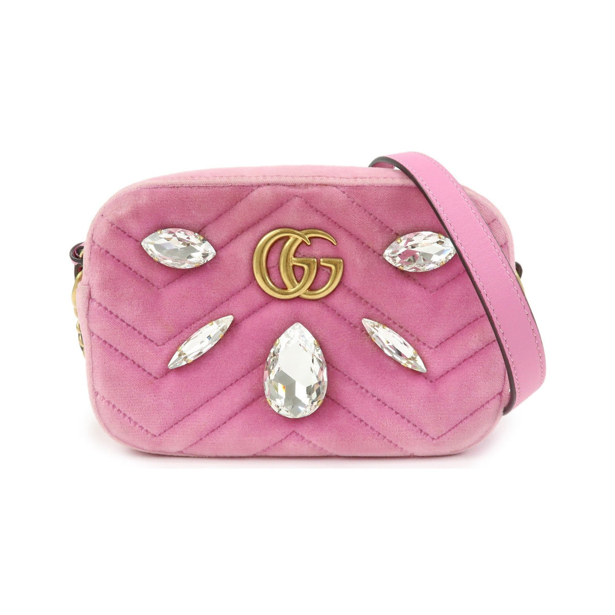 Gucci GG Marmont Crystal Embellished Matelasse Velvet, Pink, Velvet, Shoulder Bag