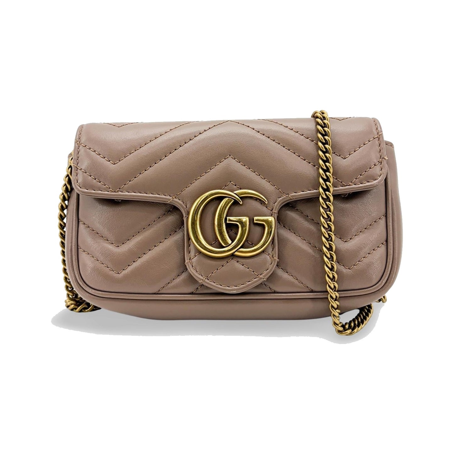 Gucci GG Marmont Flap Chevron Leather, Beige, Leather, Shoulder Bag
