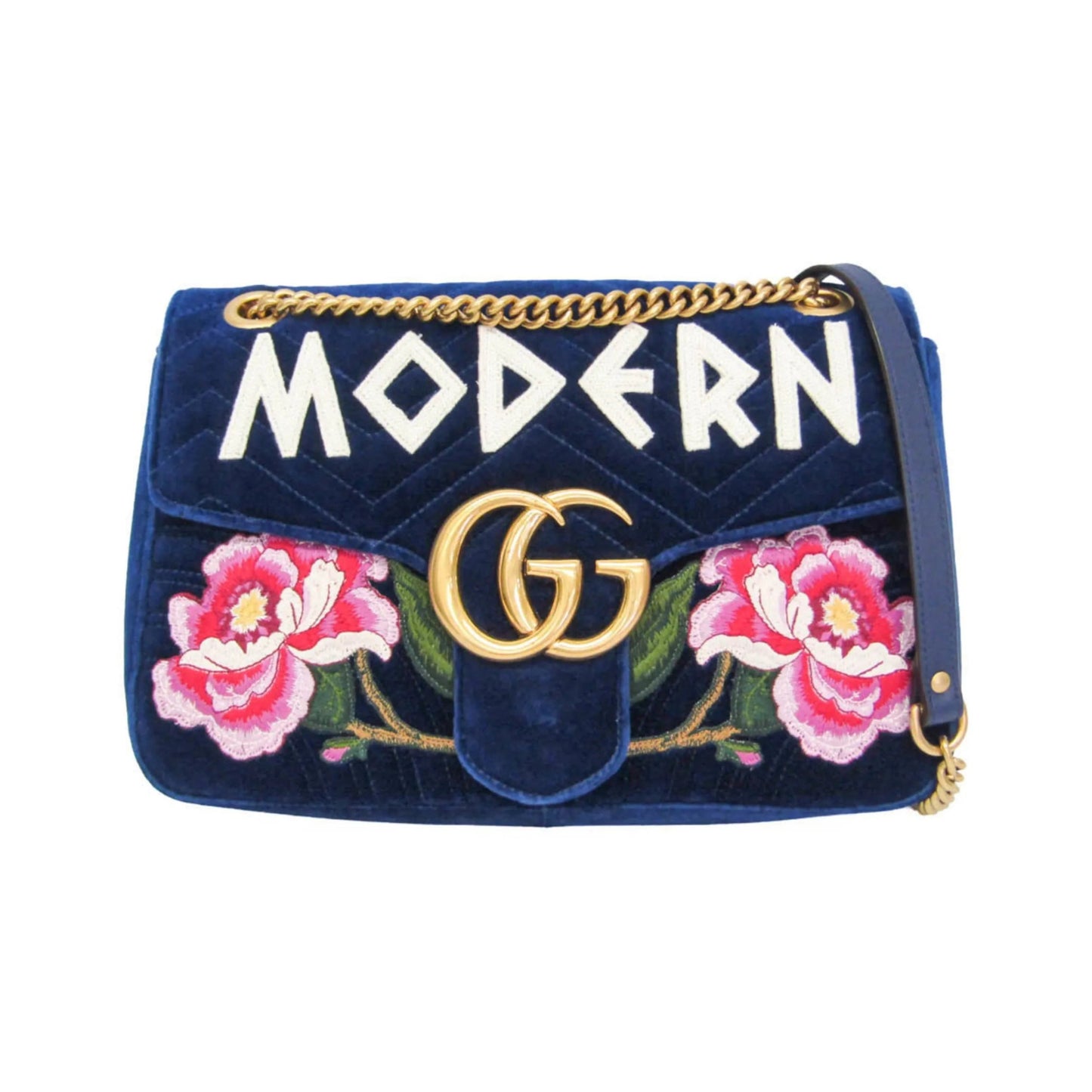 Gucci GG Marmont Flap Embroidered Matelasse Velvet, Blue, Velvet, Shoulder Bag