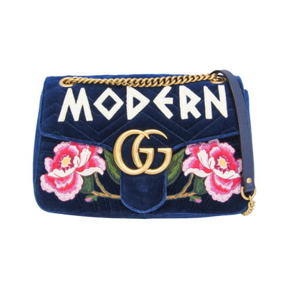 Gucci GG Marmont Flap Embroidered Matelasse Velvet, Blue, Velvet, Shoulder Bag
