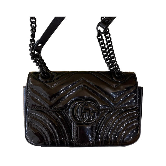 Gucci GG Marmont Flap Matelasse Patent, Black, Leather, Shoulder Bag