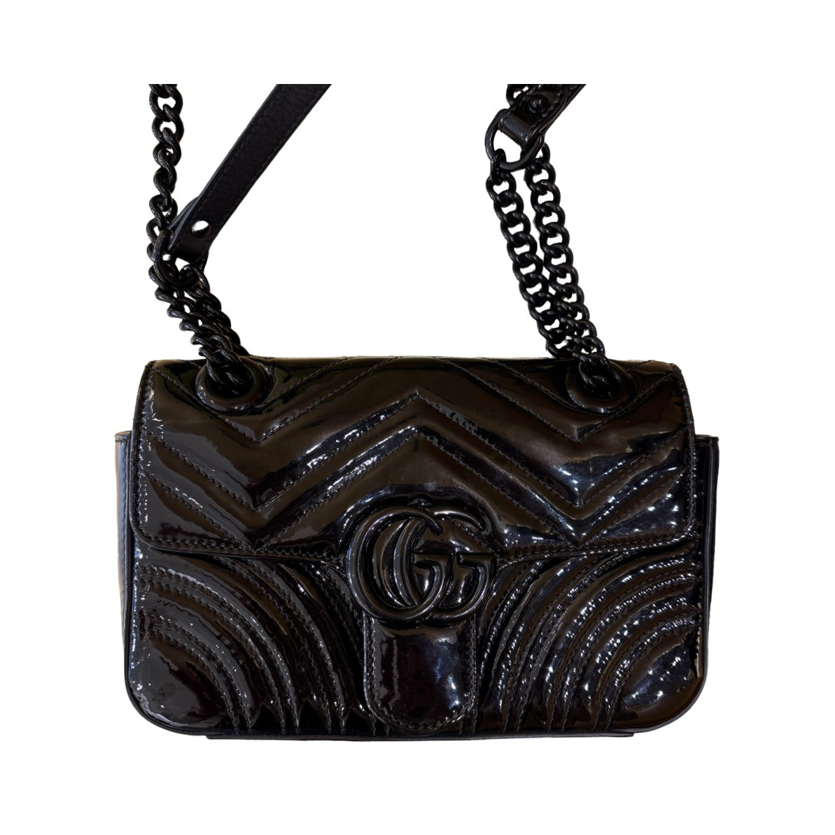 Gucci GG Marmont Flap Matelasse Patent, Black, Leather, Shoulder Bag