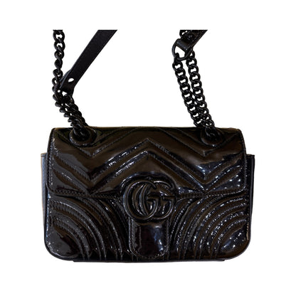 Gucci GG Marmont Flap Matelasse Patent, Black, Leather, Shoulder Bag