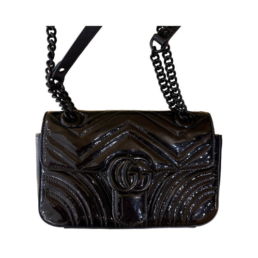Gucci GG Marmont Flap Matelasse Patent, Black, Leather, Shoulder Bag