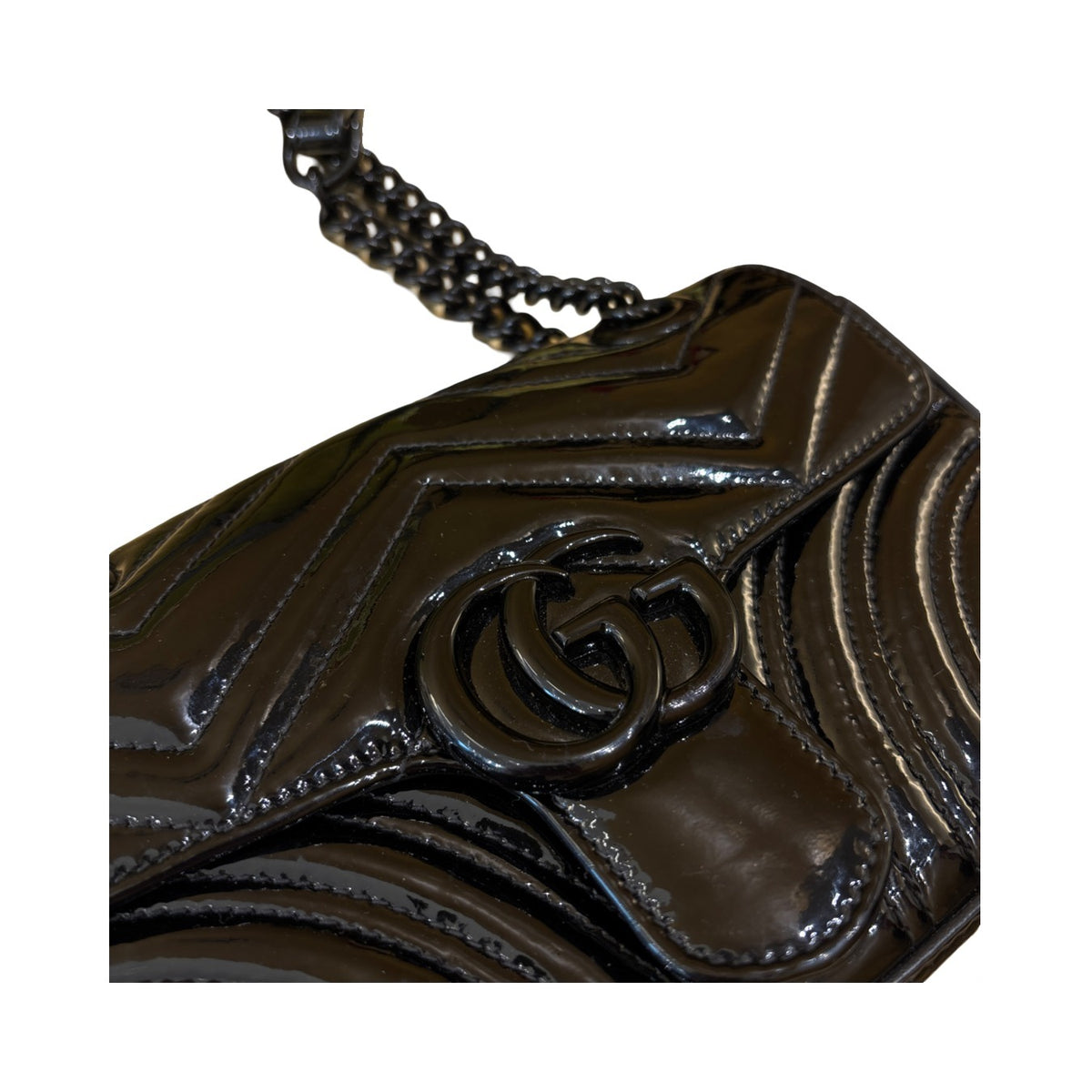 Gucci GG Marmont Flap Matelasse Patent, Black, Leather, Shoulder Bag