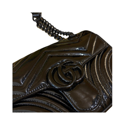 Gucci GG Marmont Flap Matelasse Patent, Black, Leather, Shoulder Bag