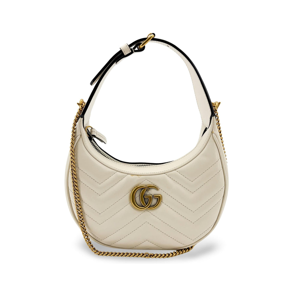 Gucci GG Marmont Half Moon Hobo Matelasse Leather, White, Leather, Shoulder Bag