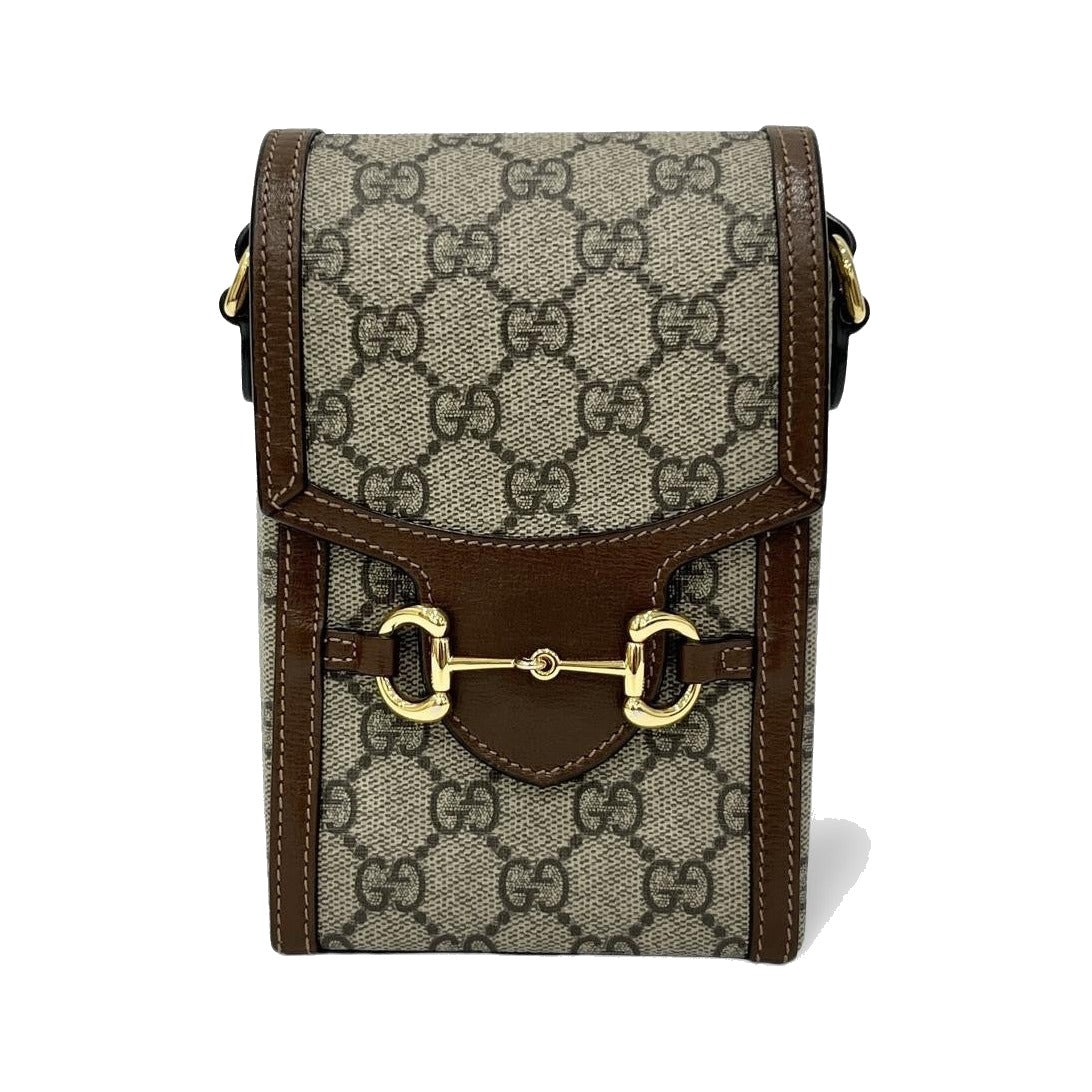 Gucci Horsebit 1955 GG Coated Canvas with Leather, Brown, Canvas, Crossbody Bag