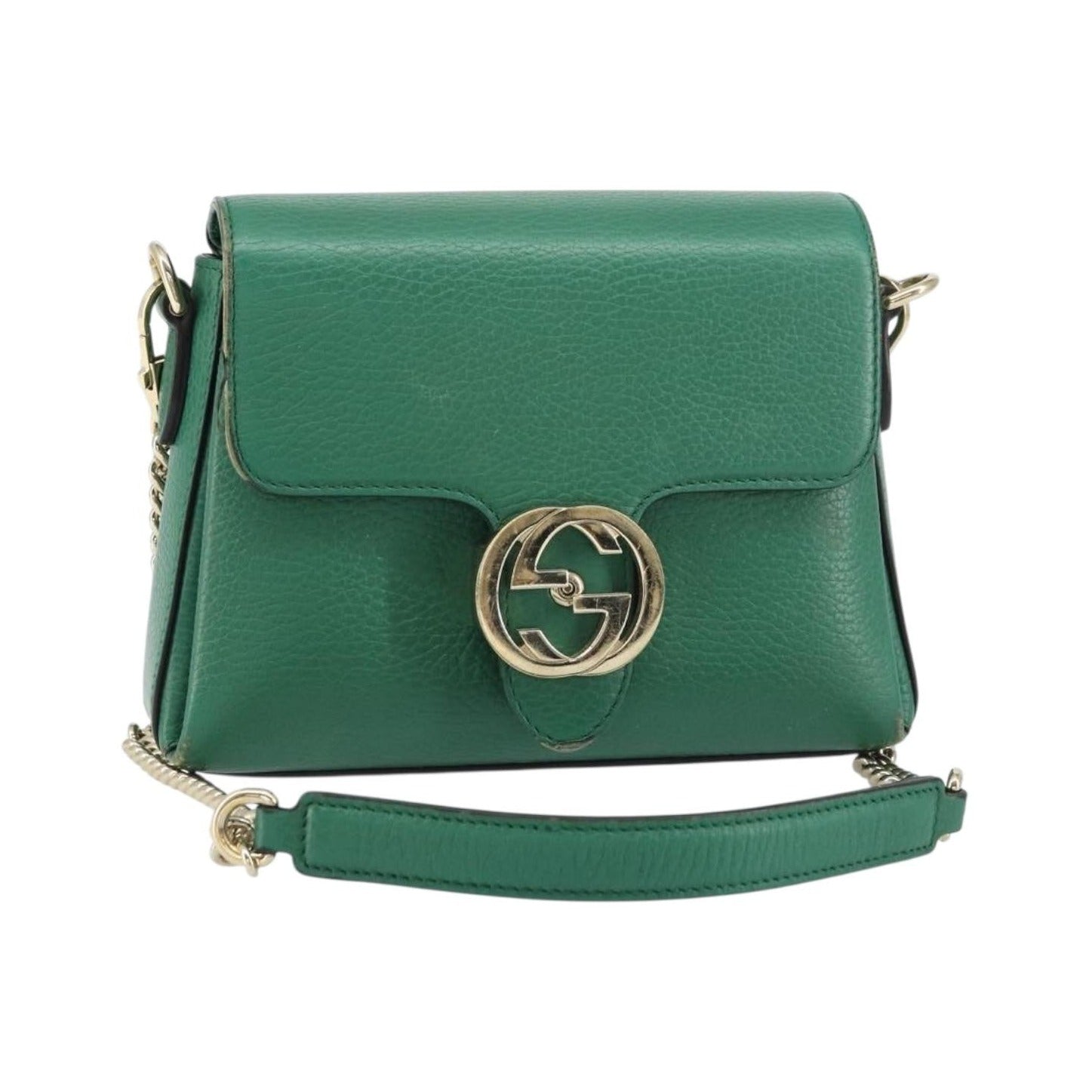 Gucci Interlocking Chain Leather, Green, Leather, Shoulder Bag