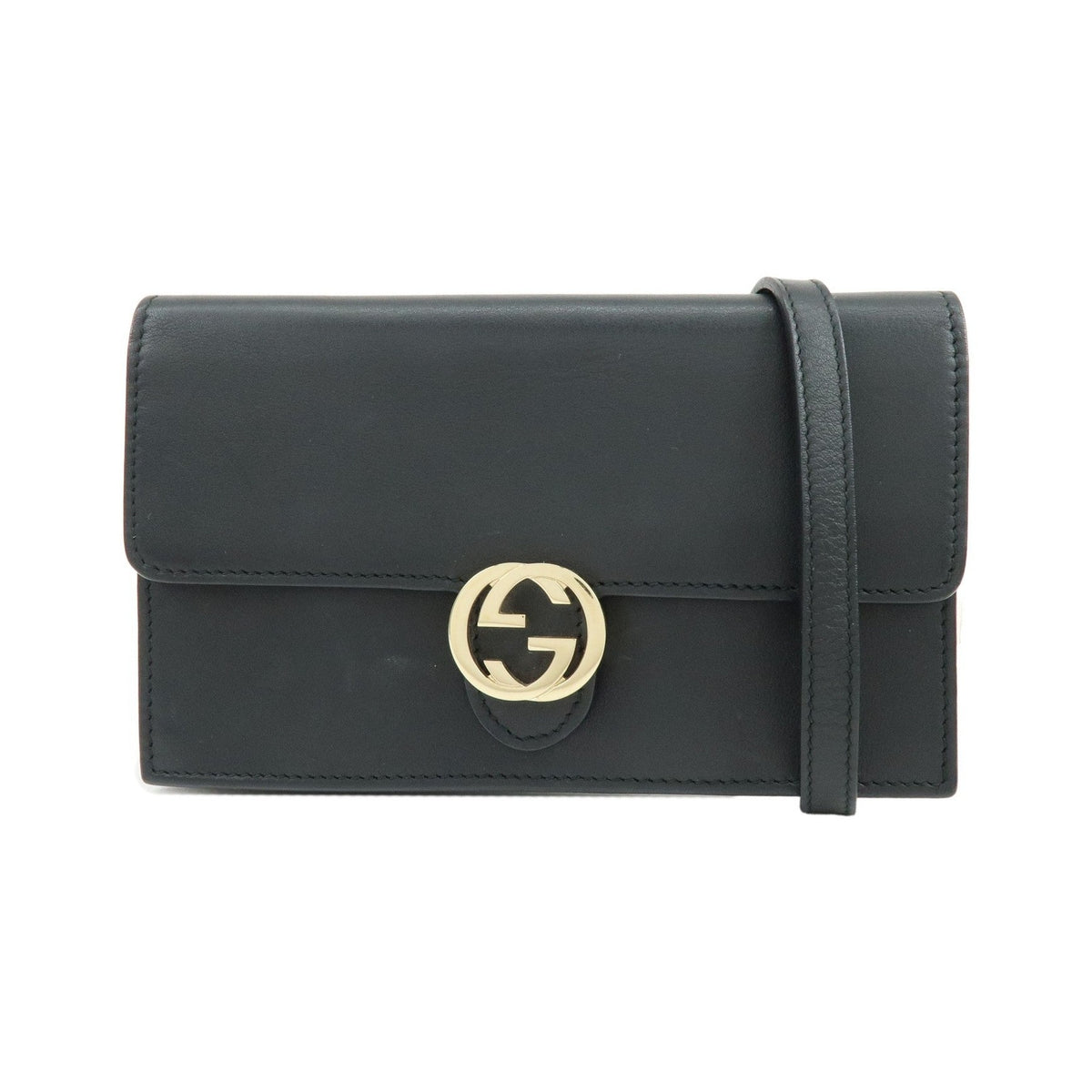 Gucci Interlocking Wallet on Chain Leather, Black, Leather, Crossbody Bag