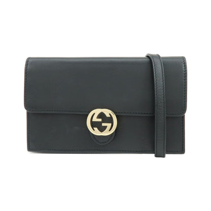Gucci Interlocking Wallet on Chain Leather, Black, Leather, Crossbody Bag