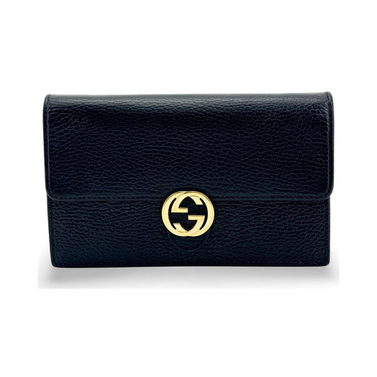 Gucci Interlocking Wallet on Chain Leather, Black, Leather, Shoulder Bag