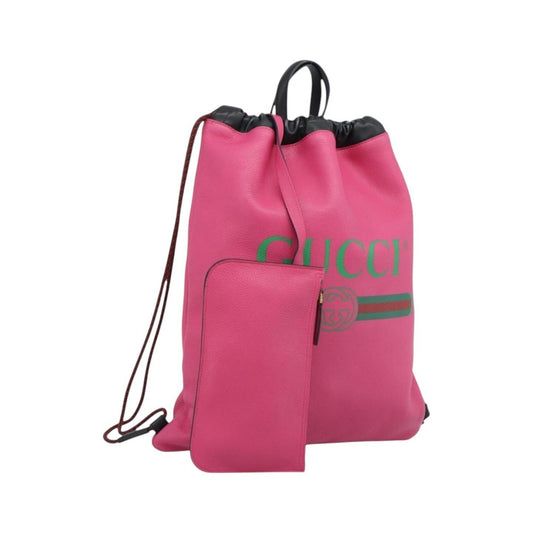 Gucci Logo Drawstring Printed Leather, Pink, Leather, Backpack