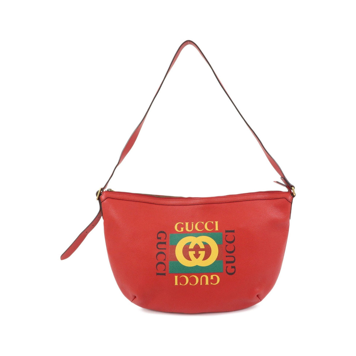 Gucci Logo Half-Moon Hobo Printed Leather, Red, Leather, Shoulder Bag