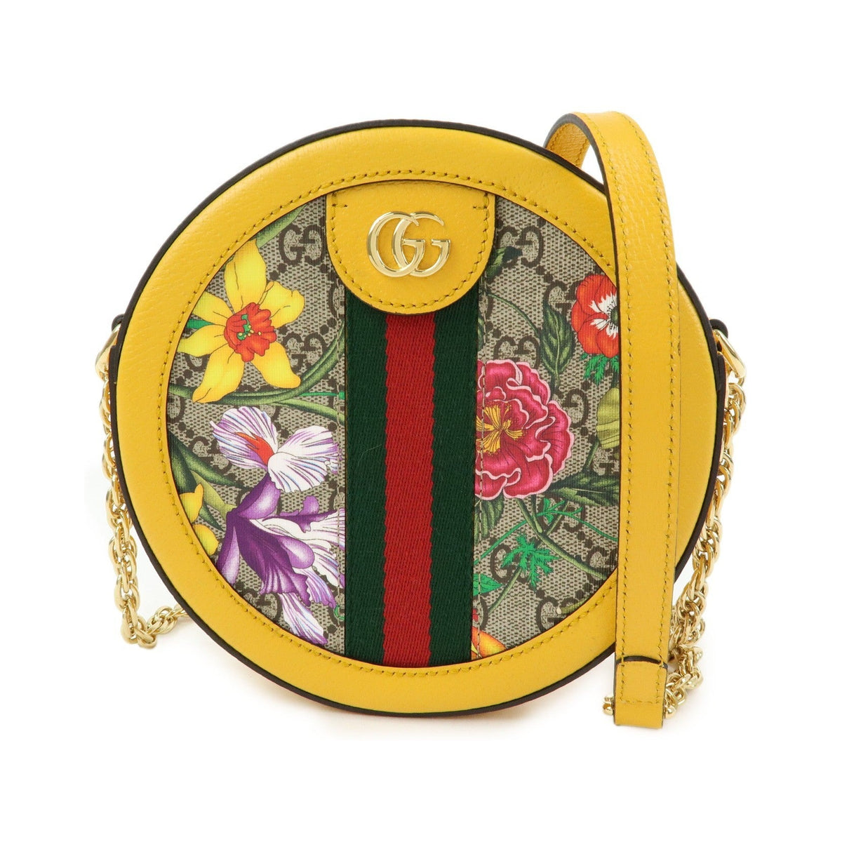 Gucci Ophidia Round Flora GG Coated Canvas, Yellow, Leather, Shoulder Bag