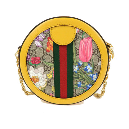 Gucci Ophidia Round Flora GG Coated Canvas, Yellow, Leather, Shoulder Bag