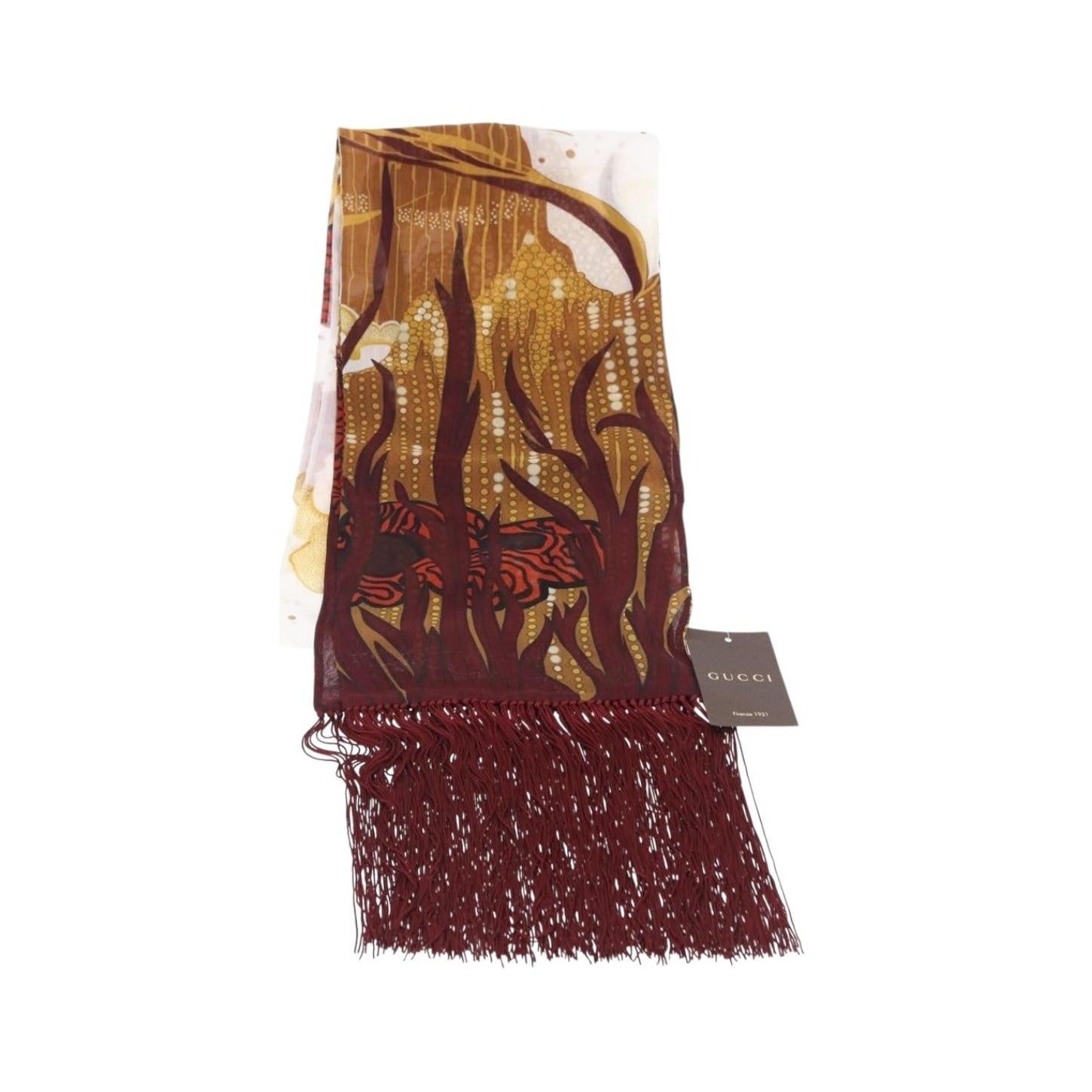 Gucci Printed Silk Fringed Scarf Silk, Burgundy, Silk, Scarf
