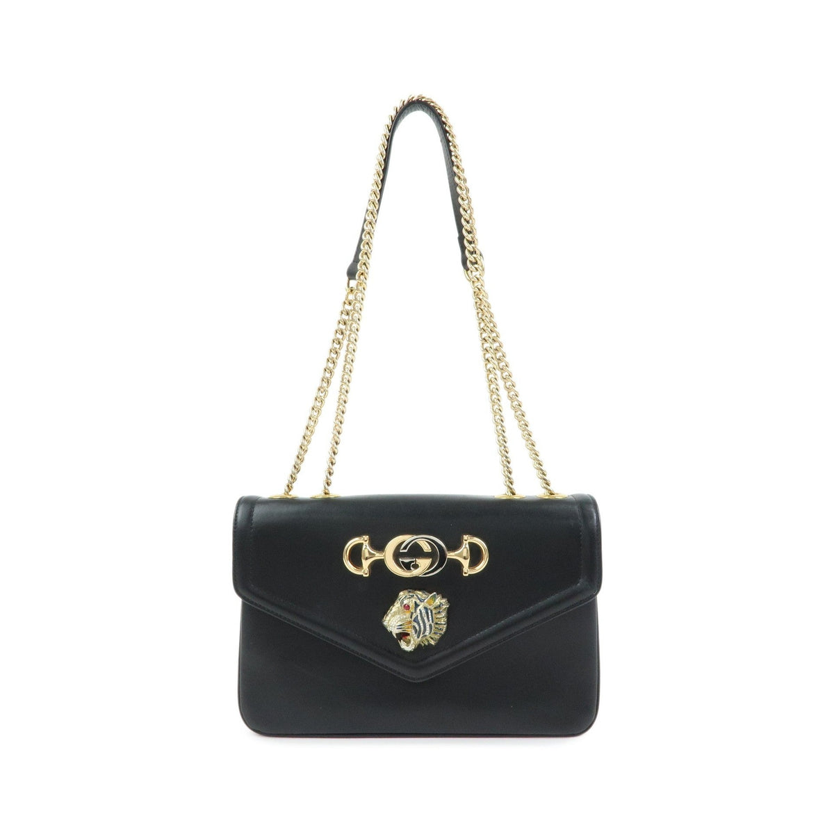 Gucci Rajah Chain Leather, Black, Leather, Tote Bag