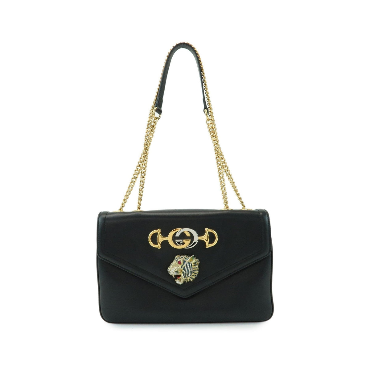 Gucci Rajah Chain Leather, Black, Leather, Tote Bag