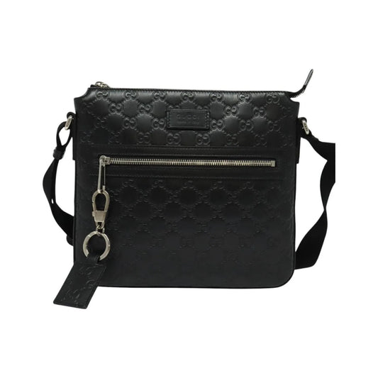 Gucci Signature Zip Messenger Guccissima Leather, Black, Leather, Shoulder Bag