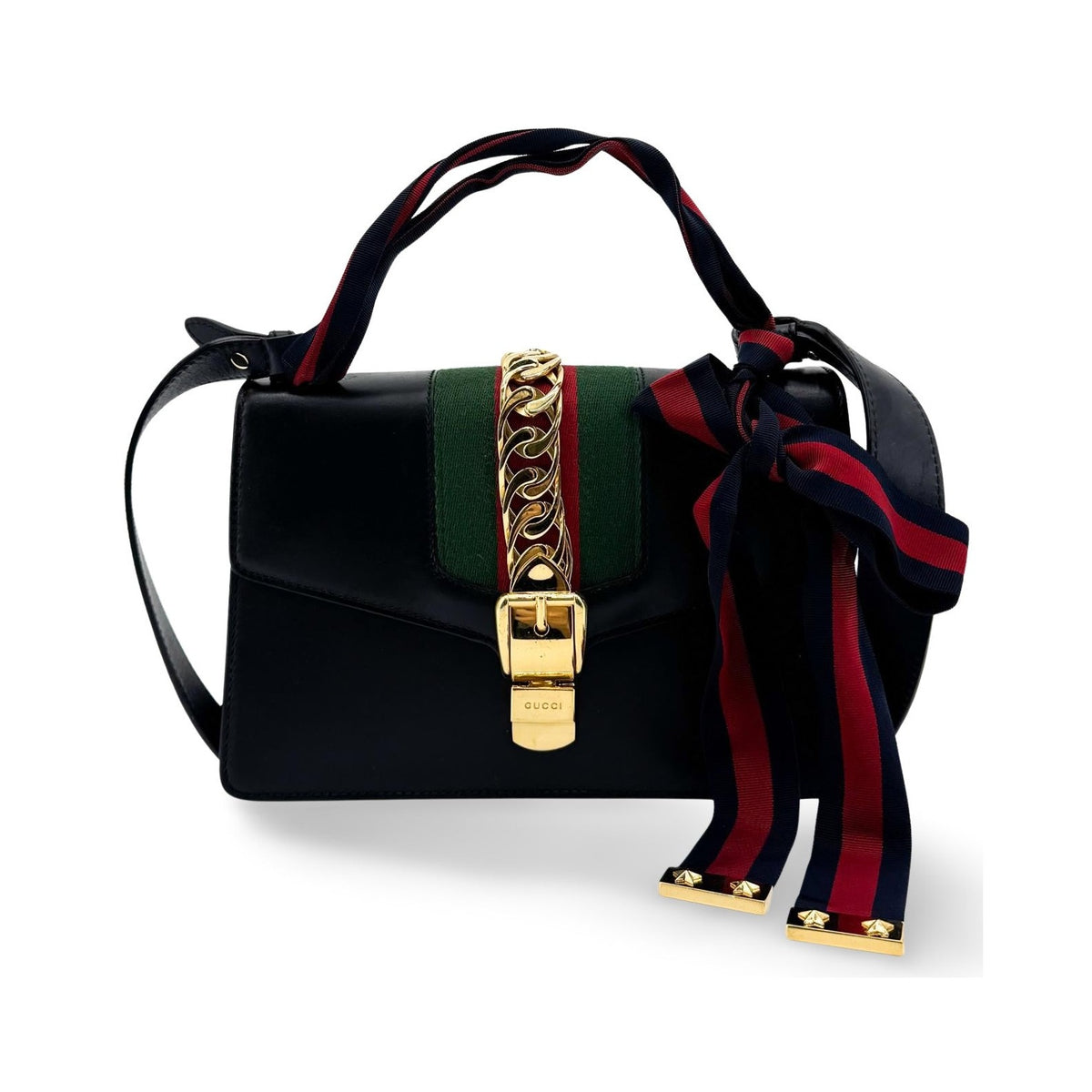 Gucci Sylvie Chain Leather, Black, Leather, Shoulder Bag