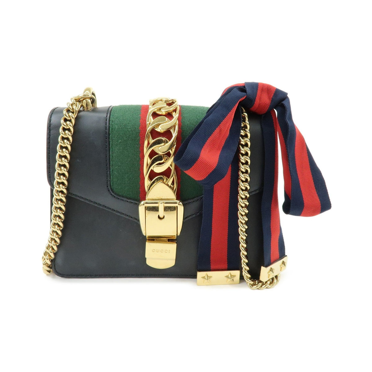 Gucci Sylvie Chain Leather, Black, Leather, Shoulder Bag
