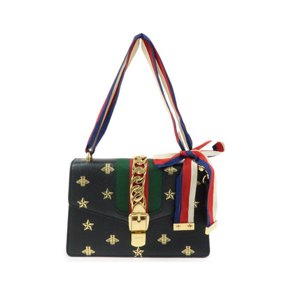 Gucci Sylvie Printed Leather, Black, Leather, Shoulder Bag