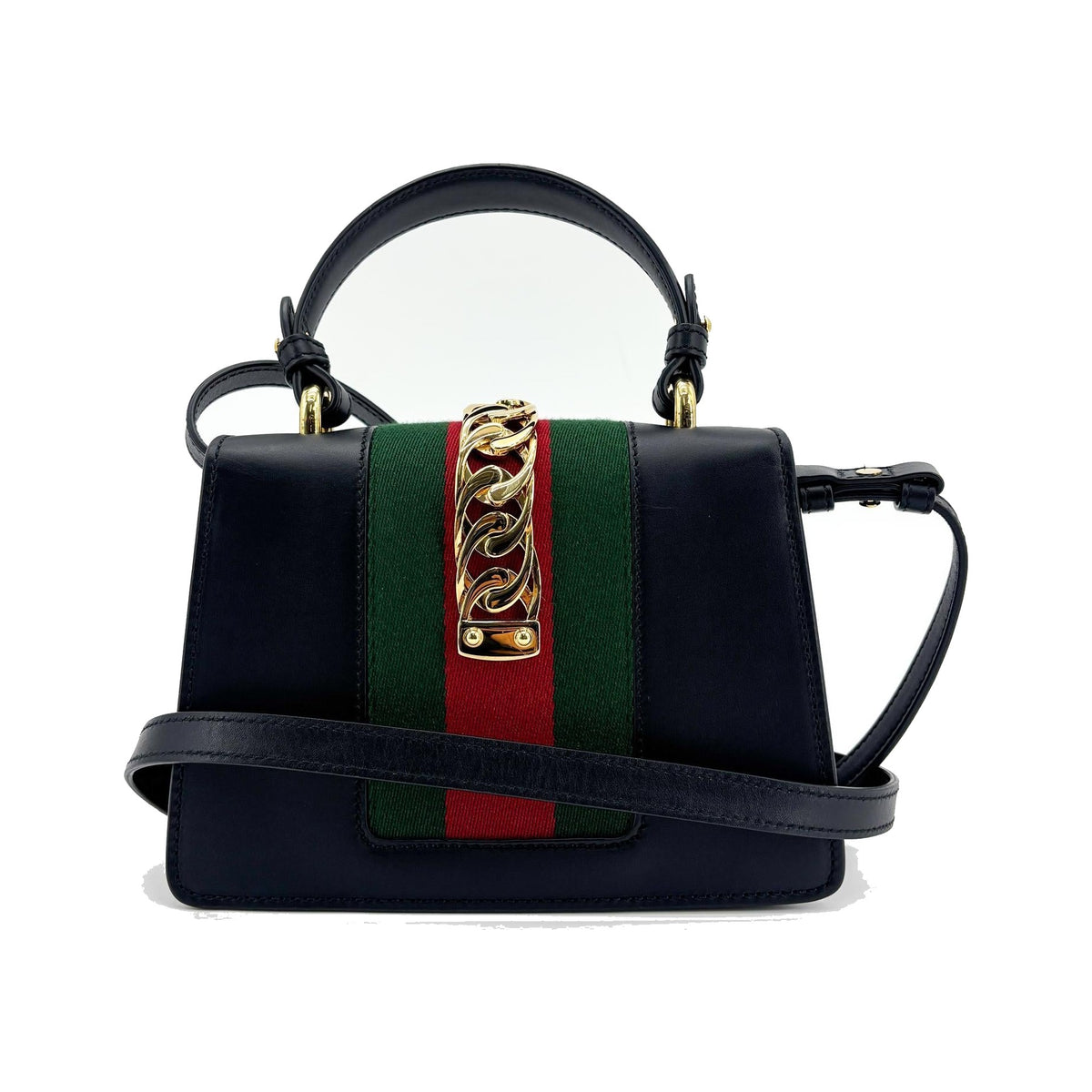 Gucci Sylvie Top Handle Leather, Black, Leather, Handbag