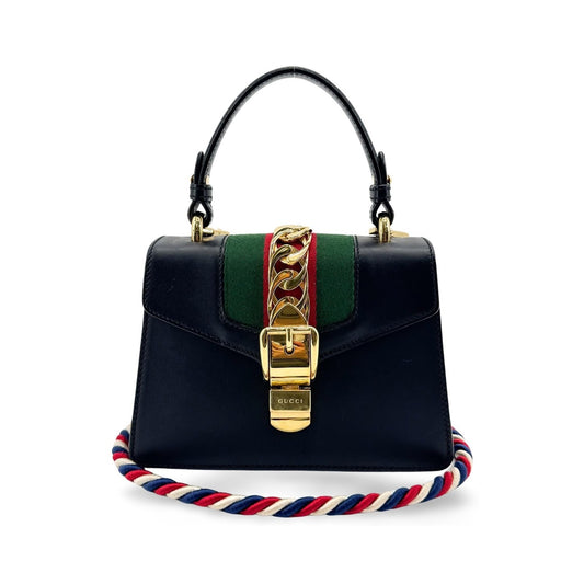 Gucci Sylvie Top Handle Leather, Black, Leather, Handbag