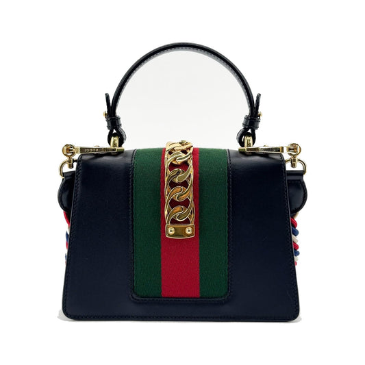 Gucci Sylvie Top Handle Leather, Black, Leather, Handbag