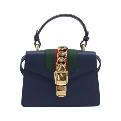 Gucci Sylvie Top Handle Leather, Navy, Leather, Handbag