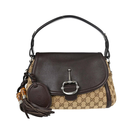 Gucci Techno Horsebit Flap Hobo Leather, Beige, Canvas, Shoulder Bag