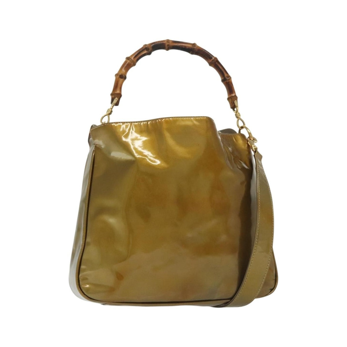 Gucci Vintage Bamboo Handle Open Hobo Leather, Gold, Patent Leather, Shoulder Bag