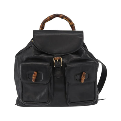 Gucci Vintage Bamboo Leather, Black, Leather, Backpack
