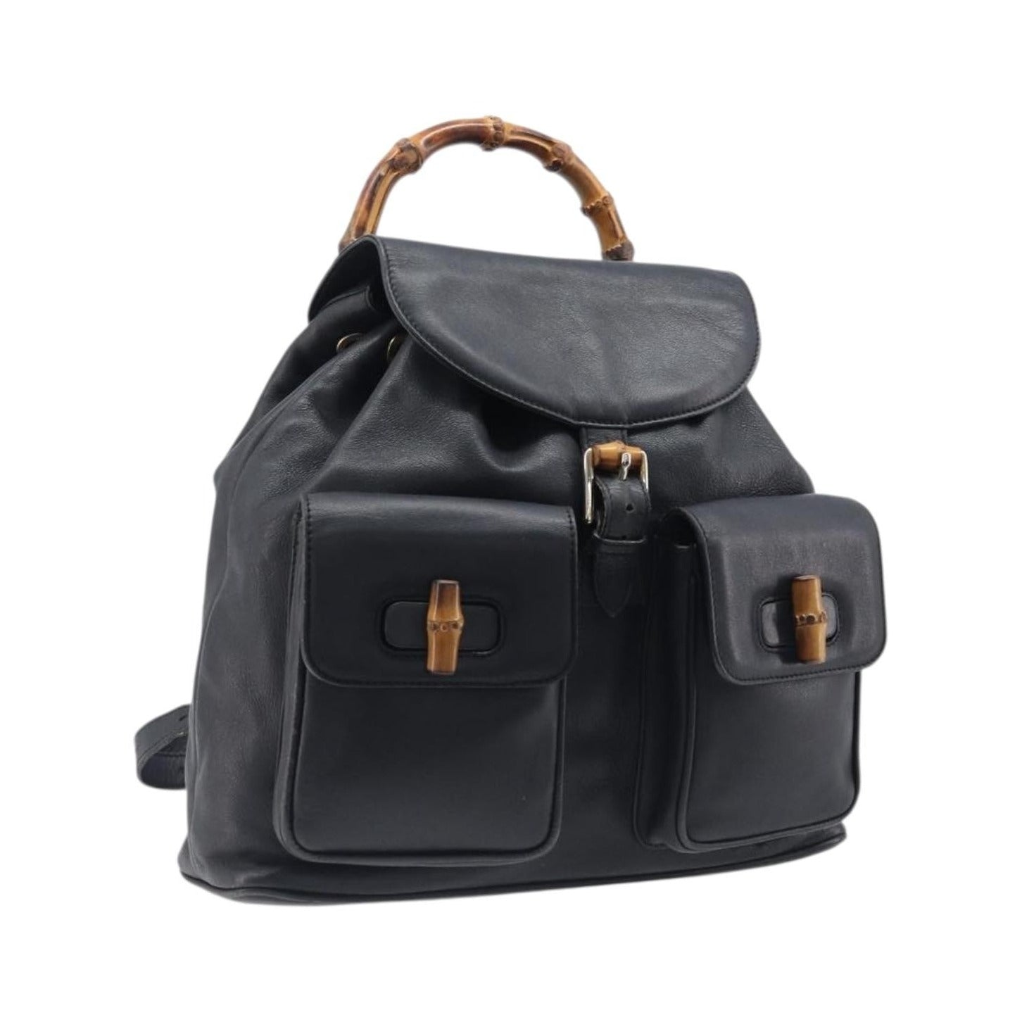 Gucci Vintage Bamboo Leather, Black, Leather, Backpack