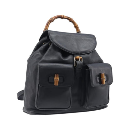 Gucci Vintage Bamboo Leather, Black, Leather, Backpack