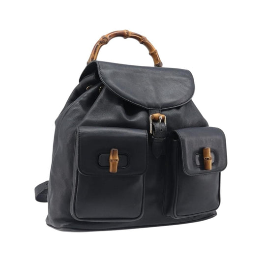 Gucci Vintage Bamboo Leather, Black, Leather, Backpack