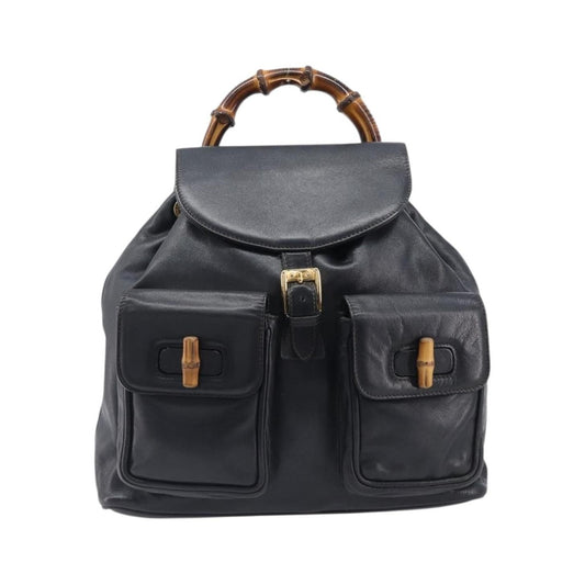 Gucci Vintage Bamboo Leather, Black, Leather, Backpack