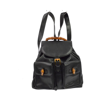 Gucci Vintage Bamboo Leather, Black, Leather, Backpack