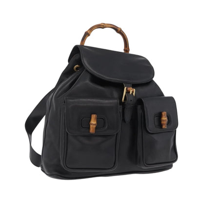 Gucci Vintage Bamboo Leather, Black, Leather, Backpack