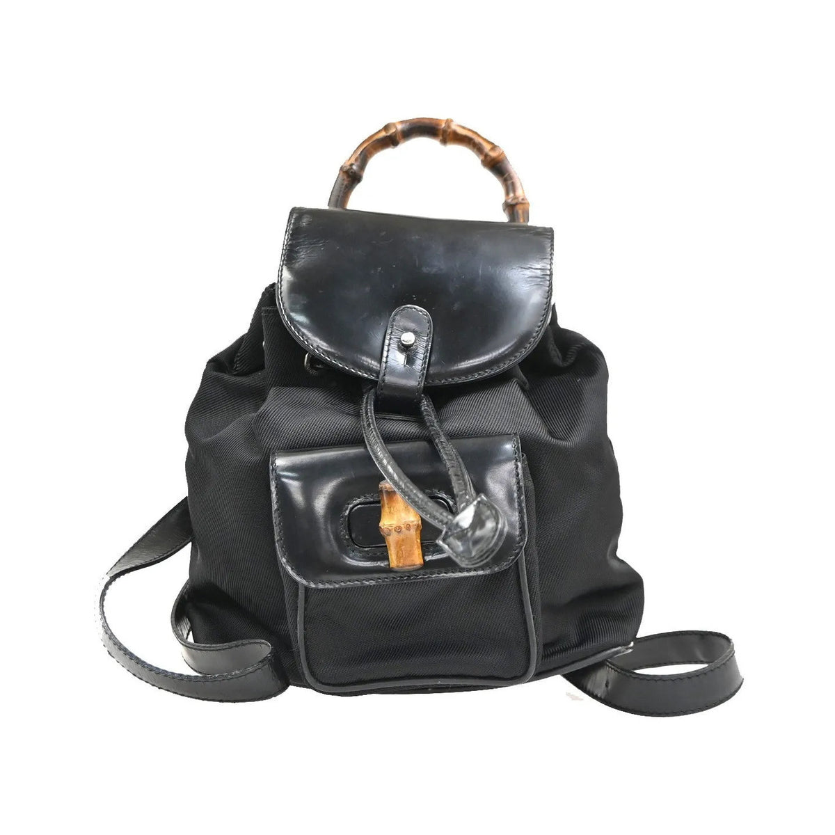 Gucci Vintage Bamboo Nylon and Patent Leather, Black, Nylon, Backpack