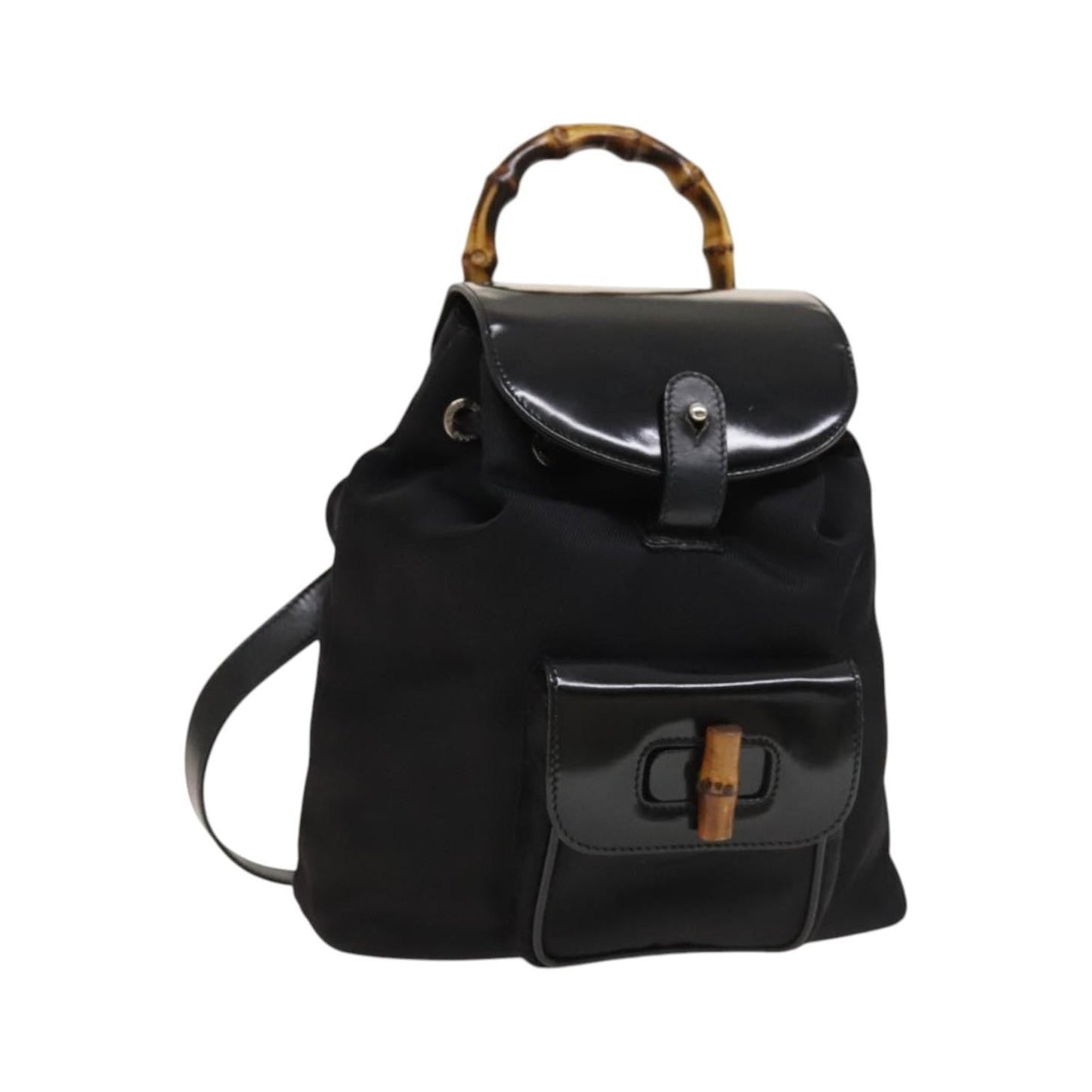 Gucci Vintage Bamboo Nylon and Patent Leather, Black, Nylon, Backpack