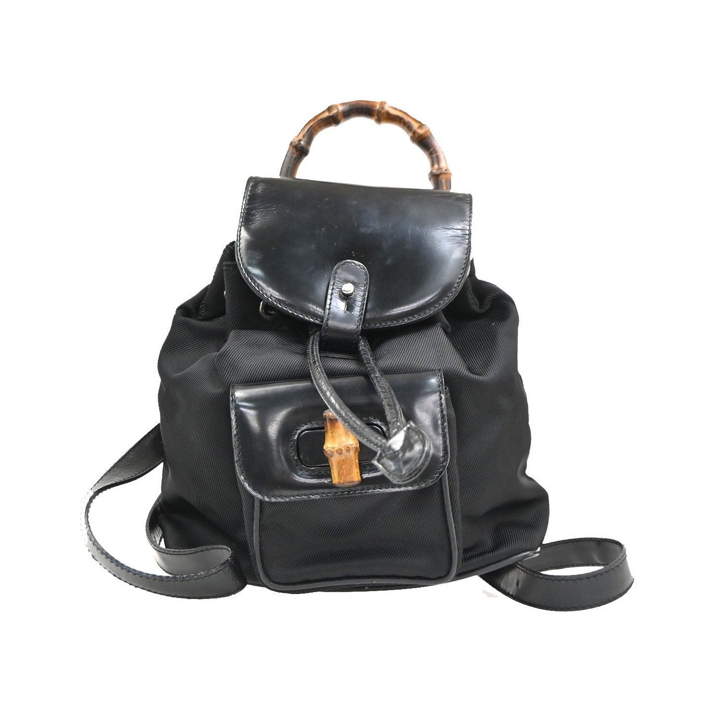 Gucci Vintage Bamboo Nylon and Patent Leather, Black, Nylon, Backpack