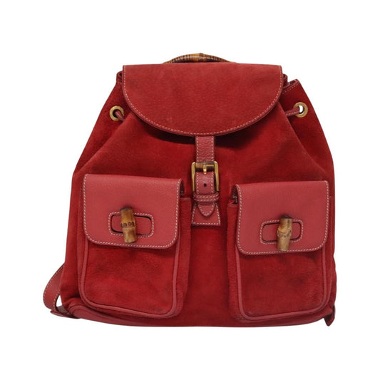 Gucci Vintage Bamboo Suede and Leather, Red, Suede, Backpack
