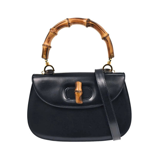 Gucci Vintage Convertible Bamboo Top Handle Leather, Navy, Leather, Handbag