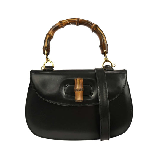 Gucci Vintage Convertible Bamboo Top Handle Leather, Black, Leather, Handbag