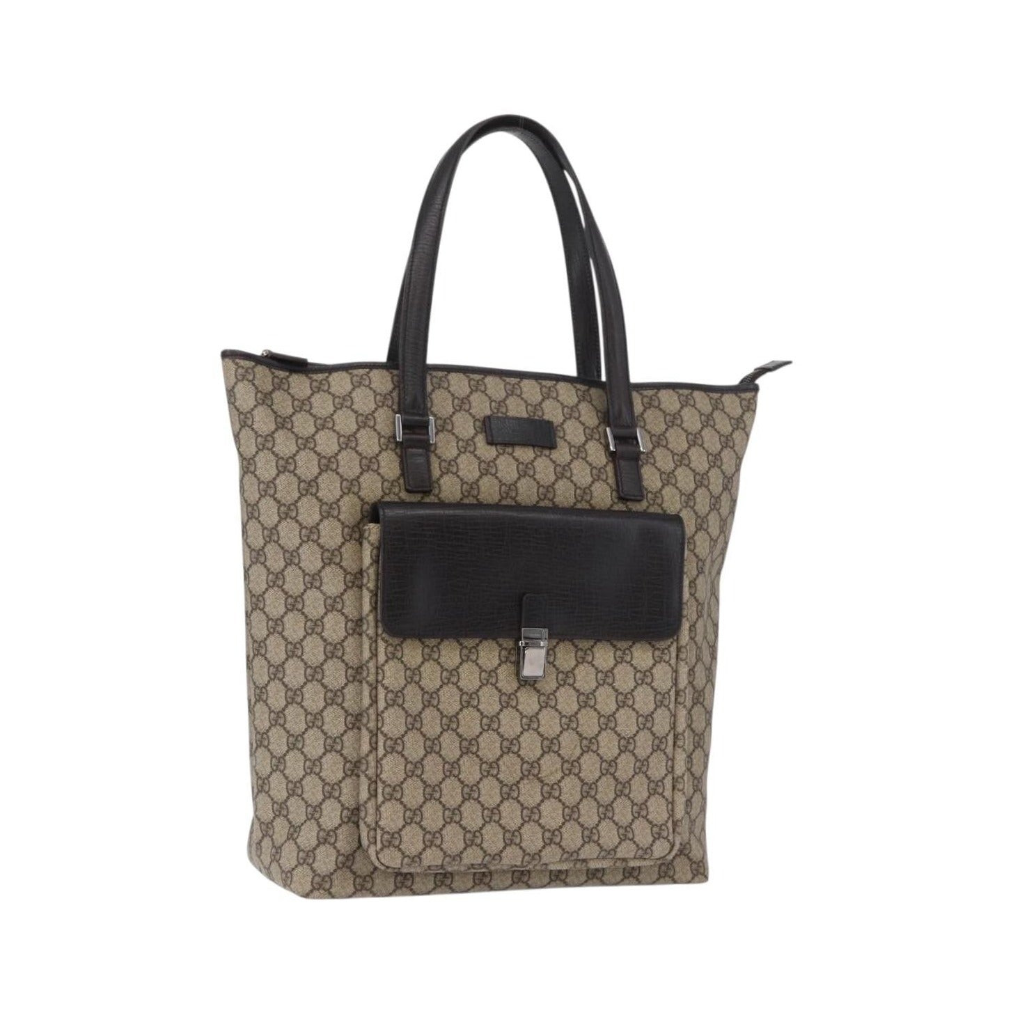 Gucci Vintage Front Pocket Tote GG Coated Canvas with Leather, Beige, Canvas, Tote Bag