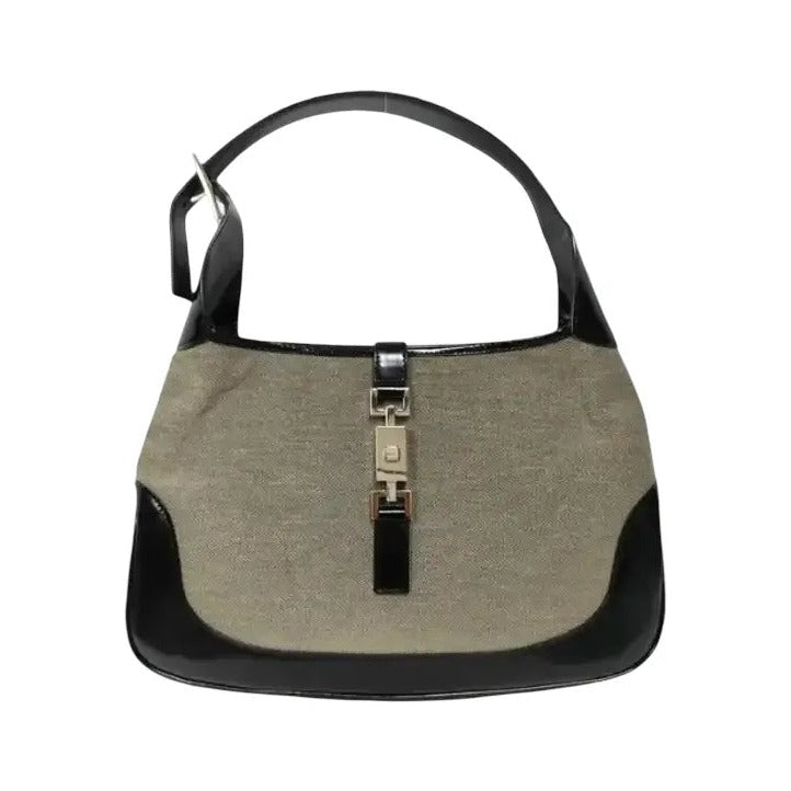 Gucci Vintage Jackie Shoulder Canvas and Leather, Beige, Canvas, Handbag